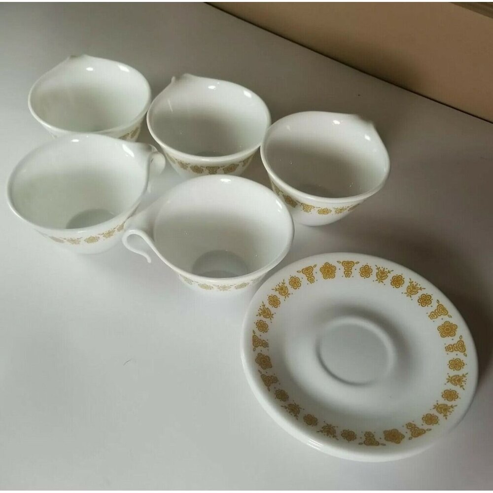 Vintage Corelle Gold Butterfly Tea Cup & Saucer USA lot of 8: 3 saucers, 5 cups